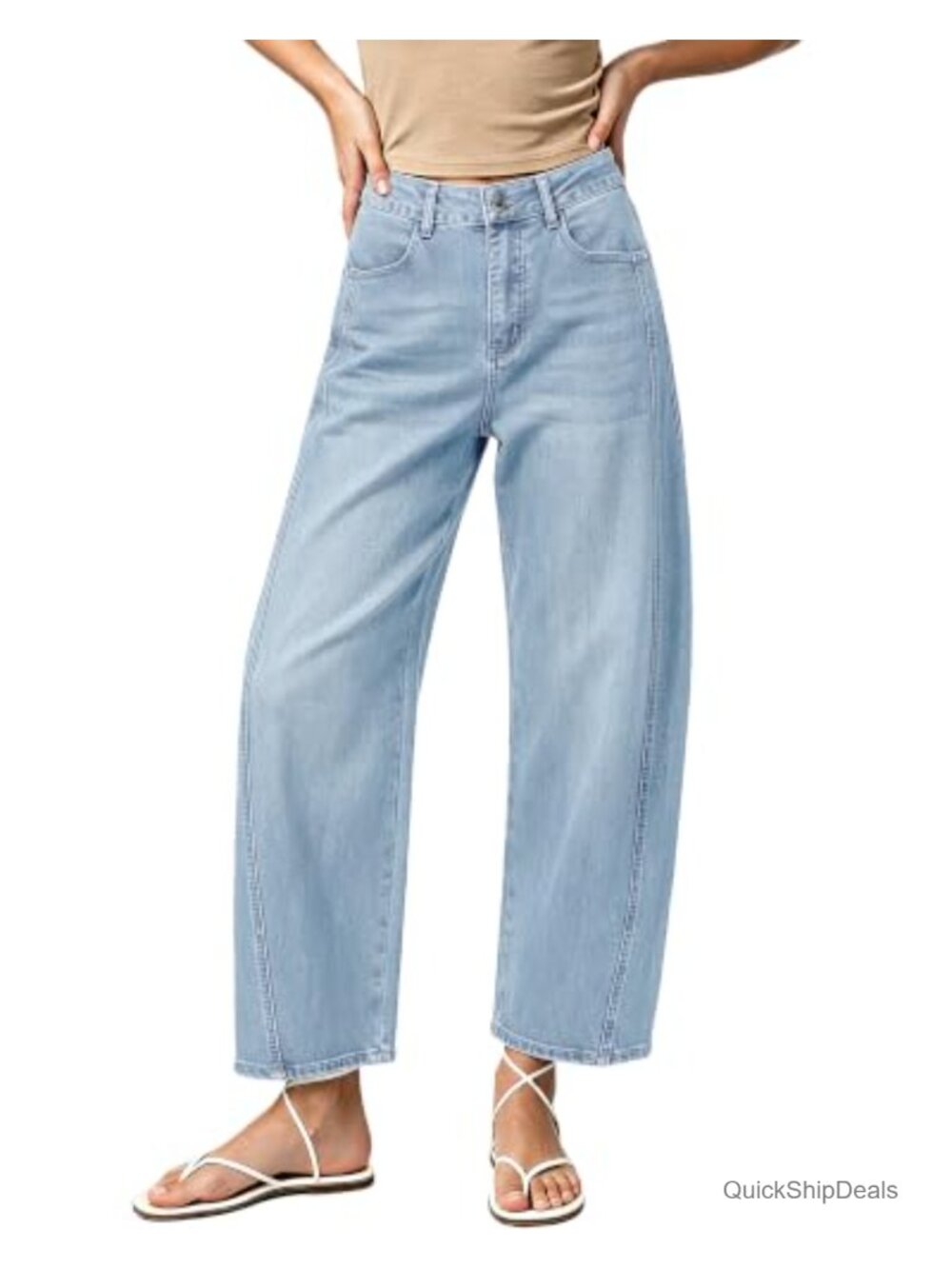 High Rise Barrel Jeans Cropped Stretch Denim Wide Leg Women's